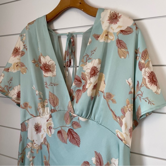 Floral double V-Neck Maxi Dress empire waist dolman cottagecore wedding satin - Picture 3 of 6